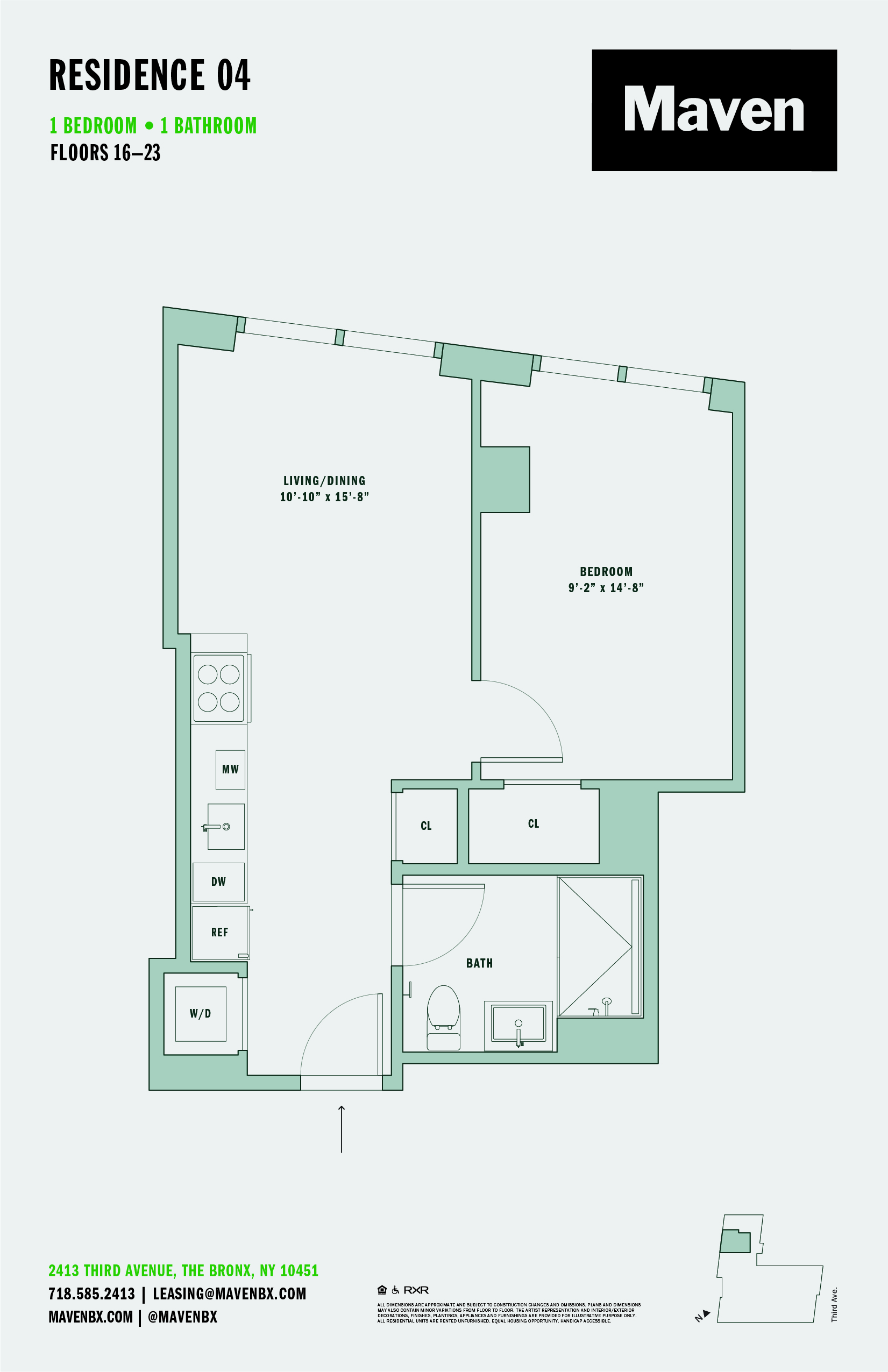 Floor plan for 1 bed, 1 bath, 540 sqft